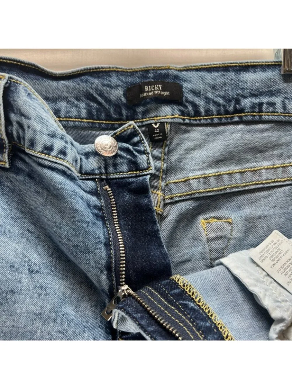 True Religion Ricky Relaxed Straight Denim Shorts Mens 42 Stretch Acid Wash Blue